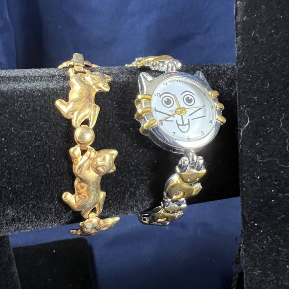 Vintage-Inspired Cat Jewelry Set - Necklace Bracelet & Watch - Gold-Tone Cat Cha - Picture 3 of 3